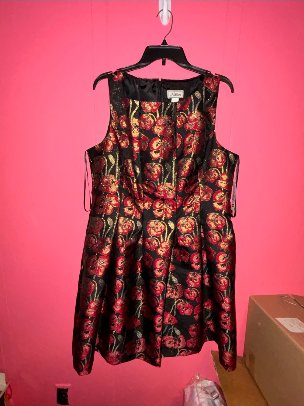 F Howard Black Floral cocktail Dress with Red & Gold Flowers